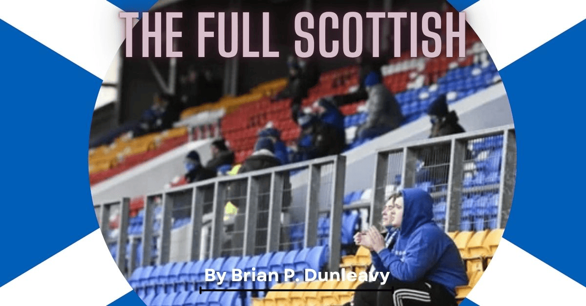 Cover image for 'The Full Scottish' showing spectators seated in a stadium with blue and orange seats, title at top and author credit at bottom preface text visible.
