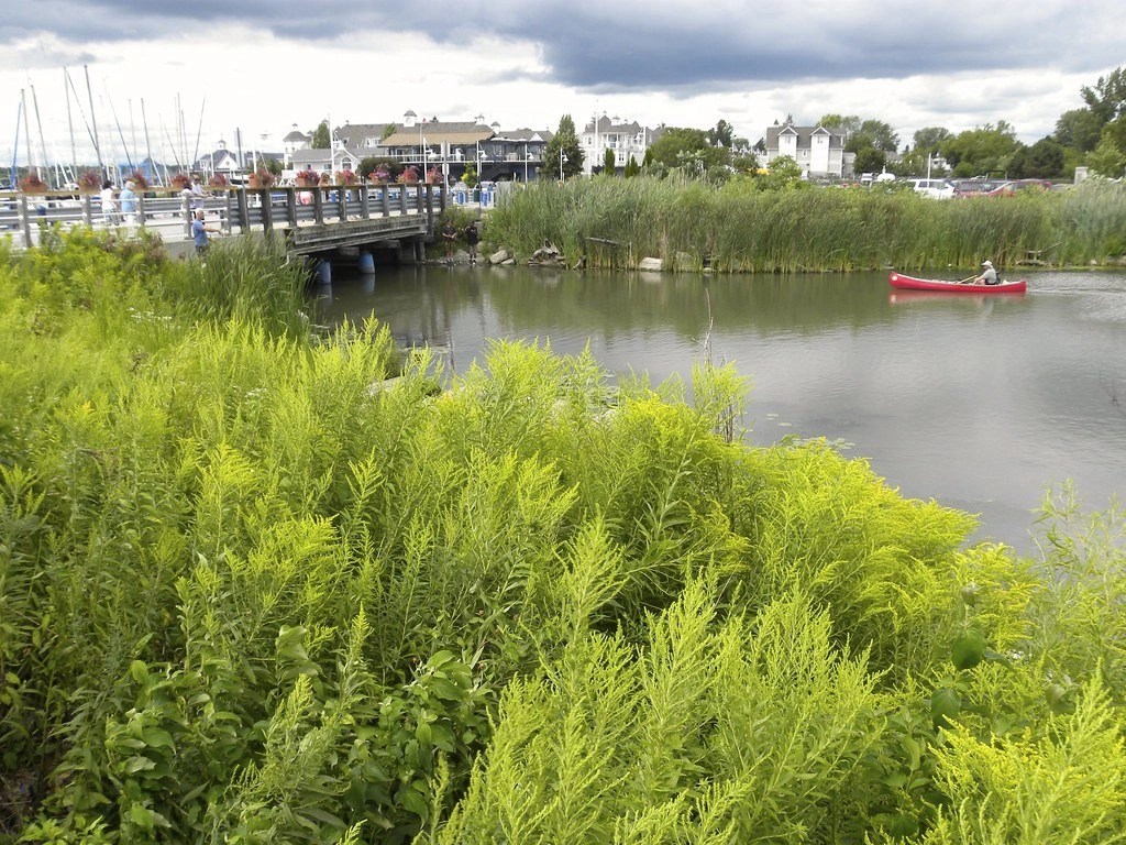 A view of a man fishing from a canoe at Frenchman's Bay in Toronto, Ontario, Canada.
