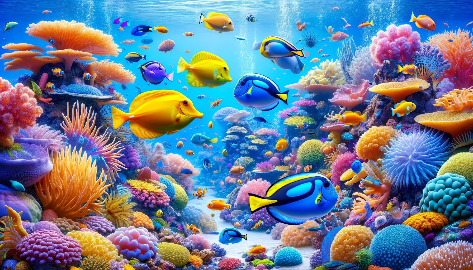 Multiple tangs in a vibrant reef tank