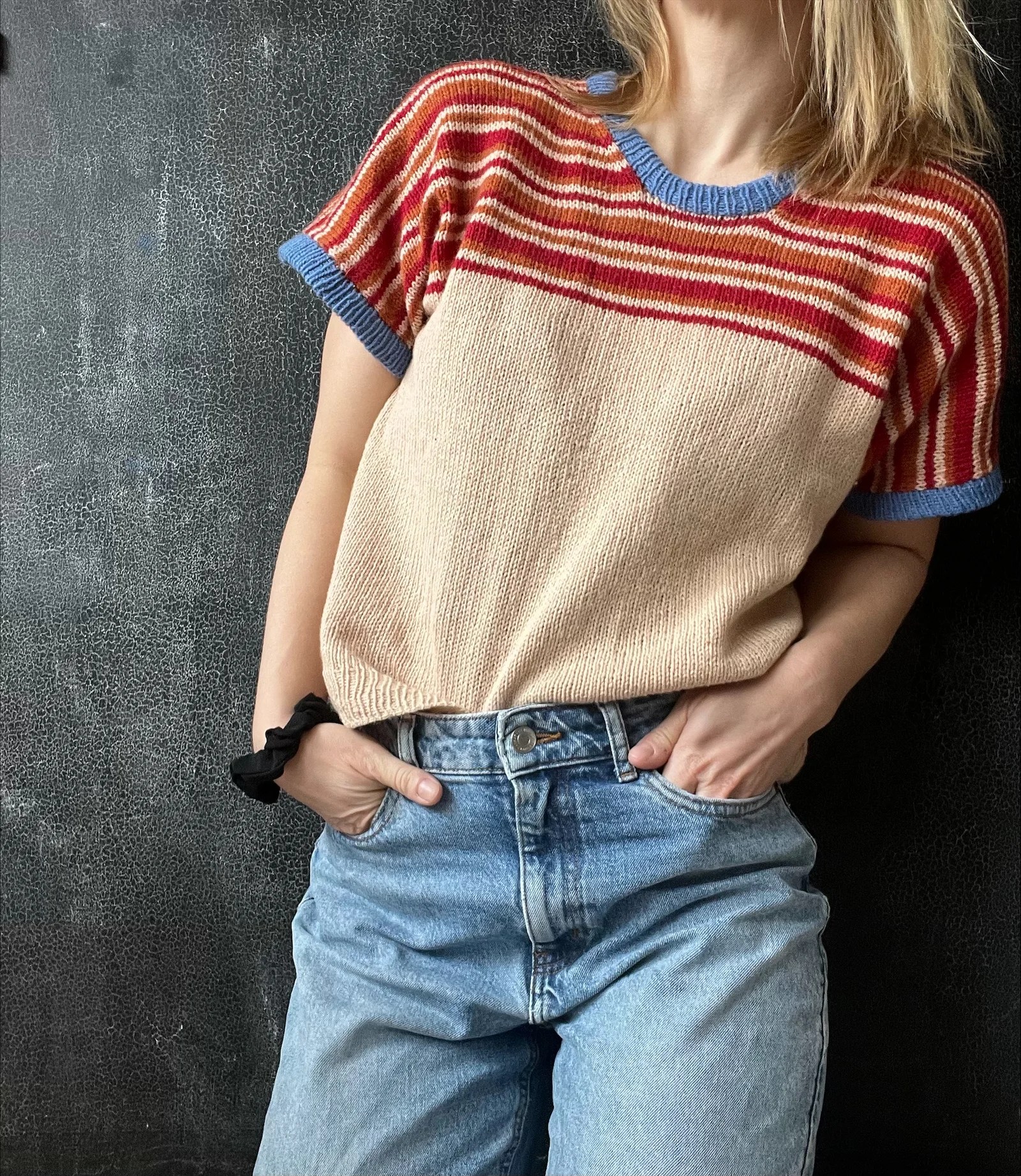 Seven Tee styled casually — Knit t-shirt worked top-down with striped yoke, relaxed stockinette body, and ribbed hem—perfect for everyday summer layering.