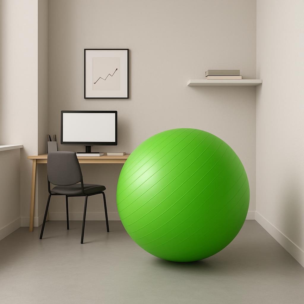 This image depicts a room with light walls and grey flooring, containing a desk to the left of a visitor's chair. There is...