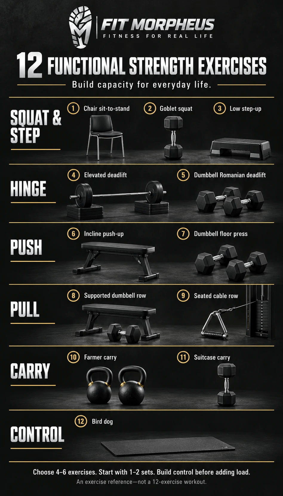 Fit Morpheus infographic listing 12 functional strength exercises grouped into squat and step, hinge, push, pull, carry and control.