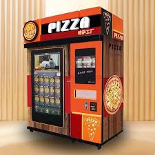 Automated pizza vending machine A customer using an automated pizza vending machine to order fresh, hot pizza in just 3 minutes