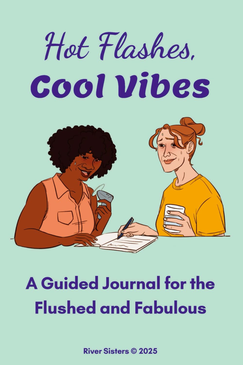 Two friends, one Black woman and one red-haired white woman writing in a journal over coffee