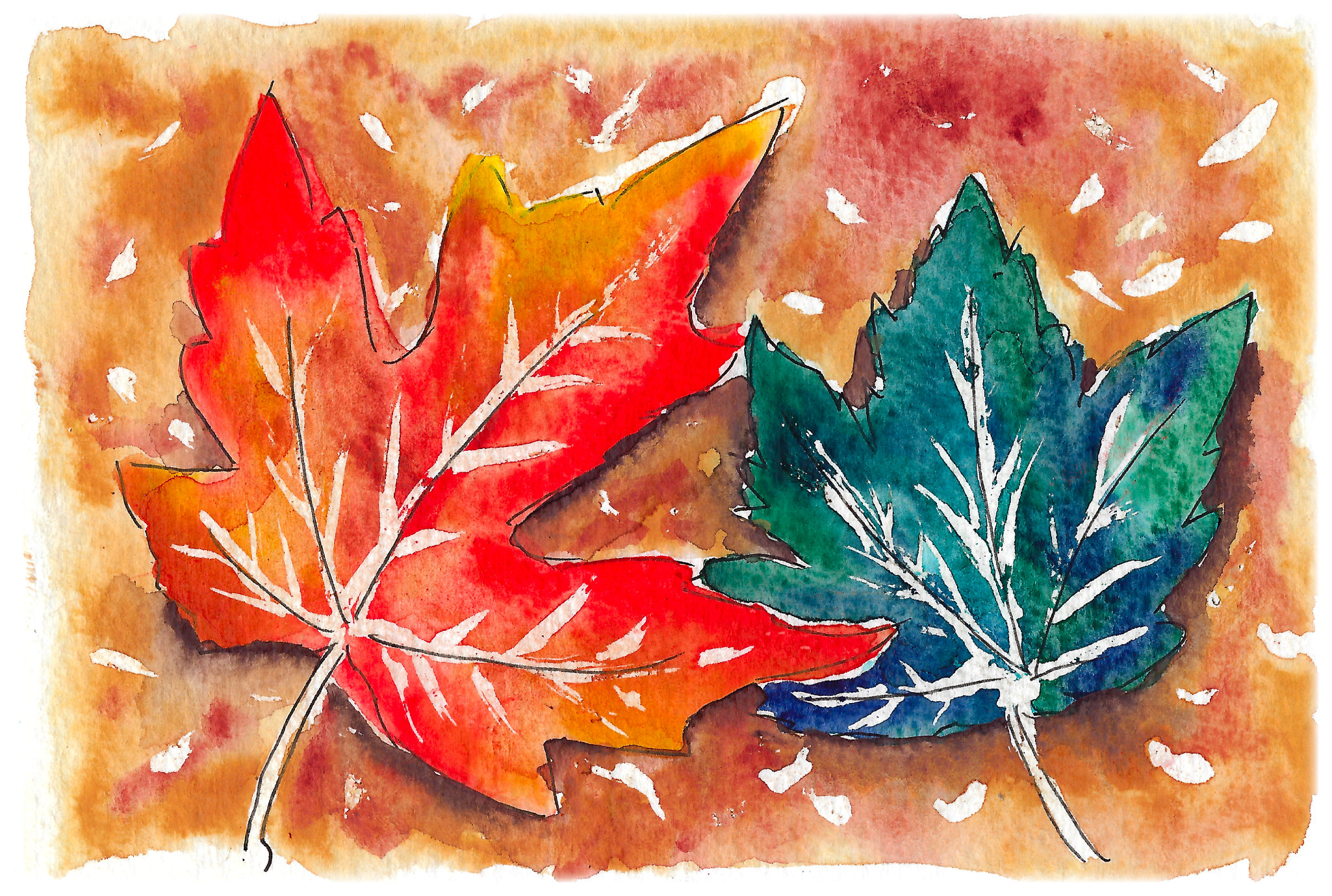 Watercolor painting of fall leaves.