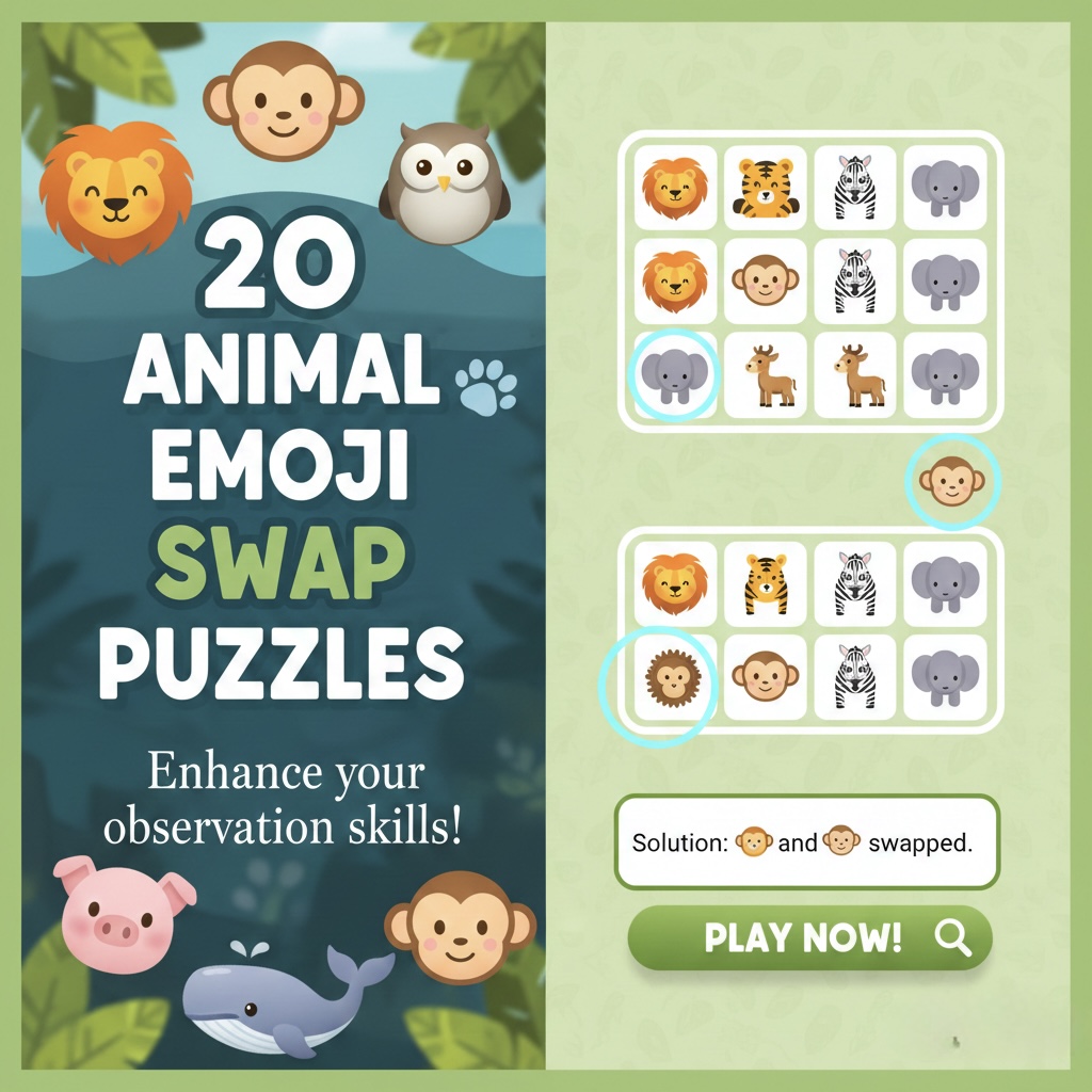 20 animal-themed swapped emoji puzzles for brain training