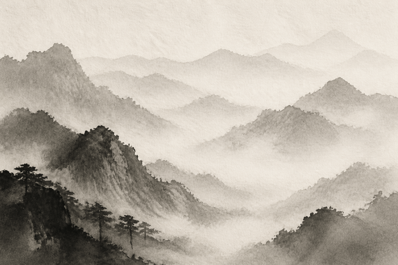 Layered monochrome ink-wash mountain landscape