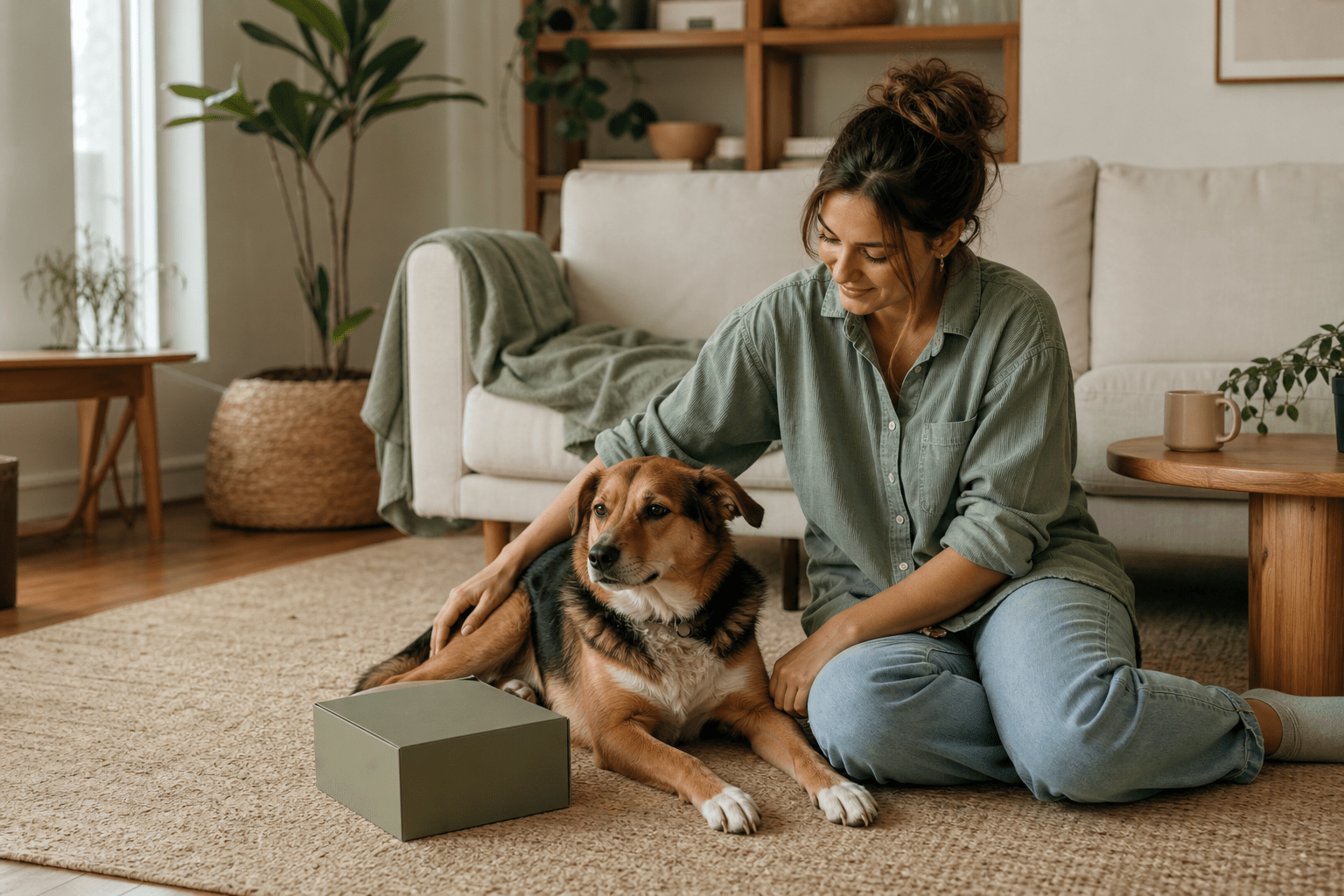 A dog parent sharing a calm routine with her dog at home
