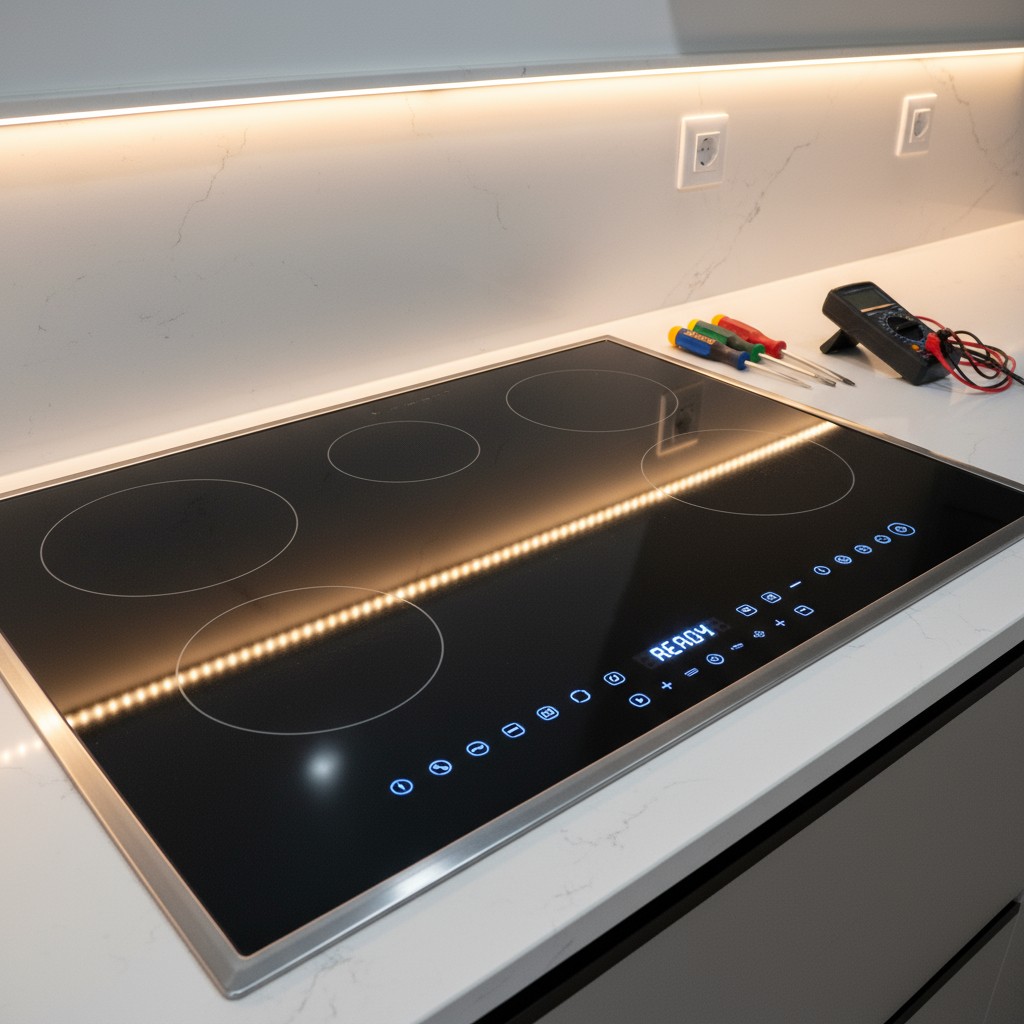 An electric glass-top stove with turntable and a digital display; various tools are next to it.