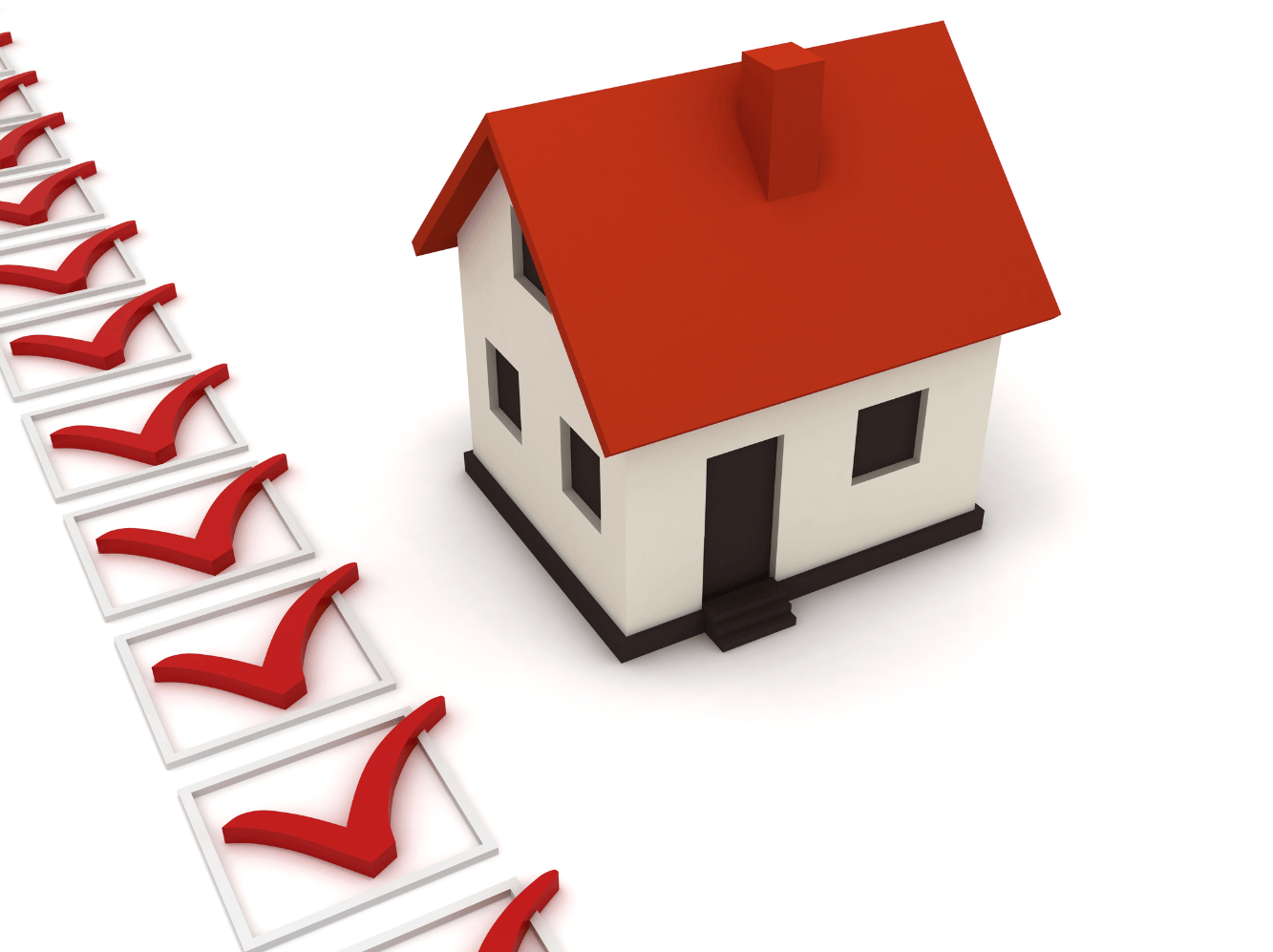 Model house beside a descending row of red checkmarks, representing a home maintenance checklist