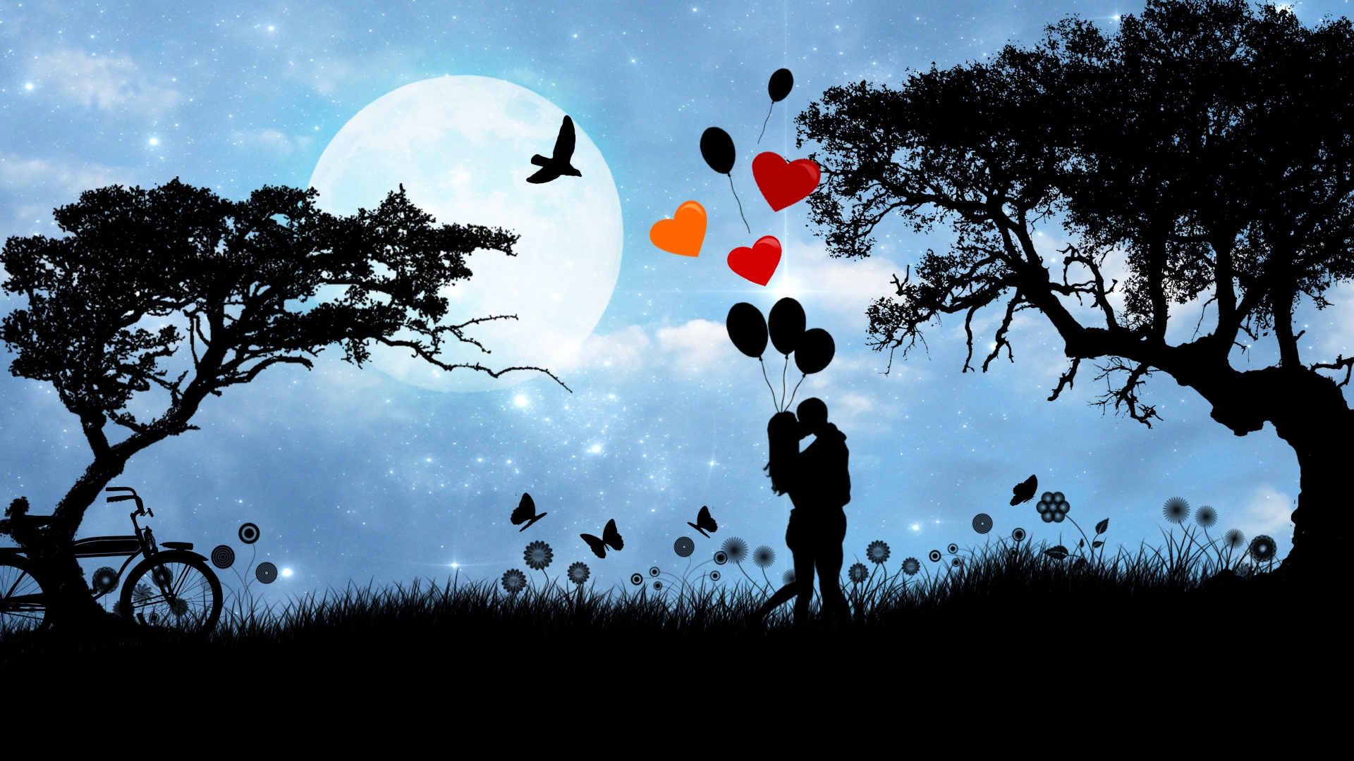 Silhouette of couple falling in love under a full moon