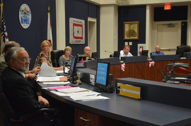 A manager and his unhappy campers at Monday's meeting of the Bunnell City Commission: from left, Lawrence Williams, Jenny Crain-Brady, Catherine Robinson, Bill Baxley, John Rogers and Elbert Tucker. (© FlaglerLive)