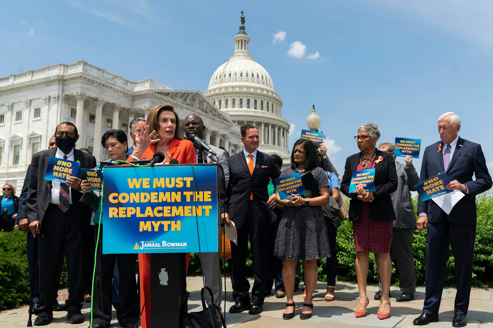 House Speaker Nancy Pelosi speaks on Capitol Hill on June 8, 2022, about a resolution condemning the great replacement theory.