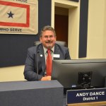 For County Commissioner Andy Dance, a familiar seat, but an unfamiliar process. (© FlaglerLive)
