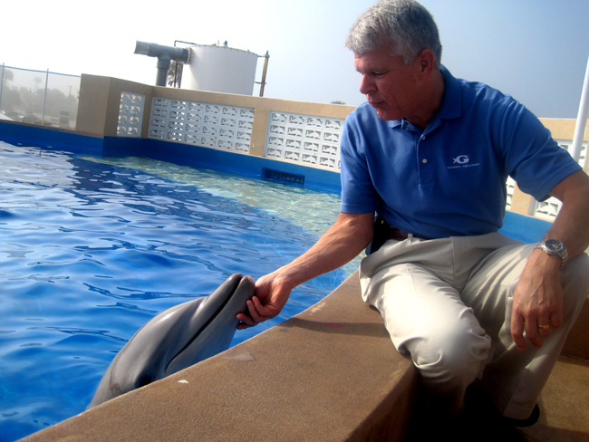 kimmel Georgia Aquarium President and COO David Kimmel got acquainted with one of his newest employees in Marineland last week. (© FlaglerLive)