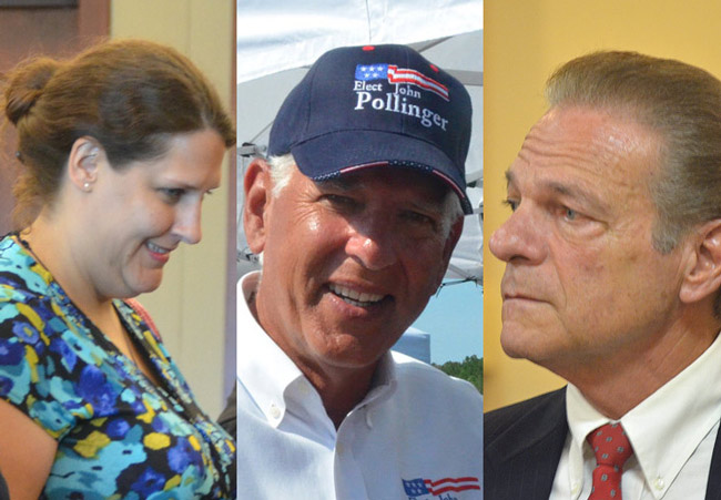 pollinger-shaffer-stevens Pollingergate's main actors: from left, Anne-Marie Shaffer, John Pollinger and Ray Stevens. (© FlaglerLive)
