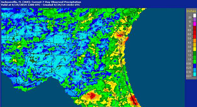 The map shows precipitations over the past seven days, with less than an inch reported in Flagler.