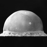 The first atomic bomb explosion, 16 milliseconds in, at the Trinity Test Site in New Mexico, July 16, 1945. (Berlyn Brixner / Los Alamos National Laboratory)