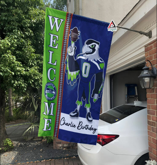 Seattle Seahawks Football Flag, Blitz Mascot Personalized Football Fan Welcome Flags, Custom Family Name NFL Decor