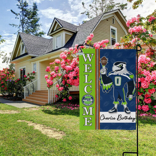 Seattle Seahawks Football Flag, Blitz Mascot Personalized Football Fan Welcome Flags, Custom Family Name NFL Decor