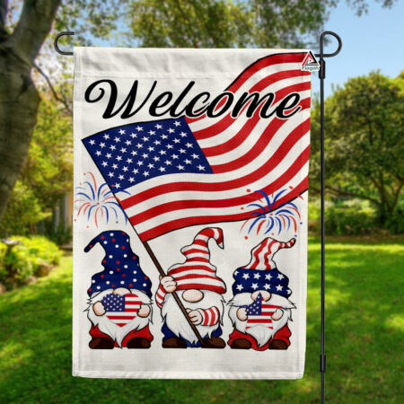 Happy 4th of July Gnome Garden Flag, Patriotic Gnomes Happy Independence Flag