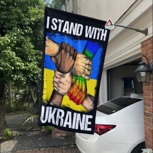 I Stand With Ukraine Flag, Fist And USA Flag To Support Ukraine Garden Flag I Stand With Ukraine Flag, Fist And USA Flag To Support Ukraine Garden Flag