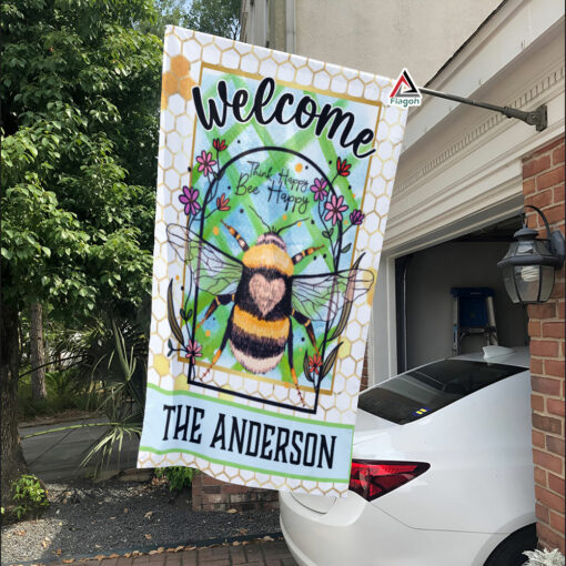 Sunflowers And Bumble Bee Flag, Custom Family Name Bee Happy Garden Flag