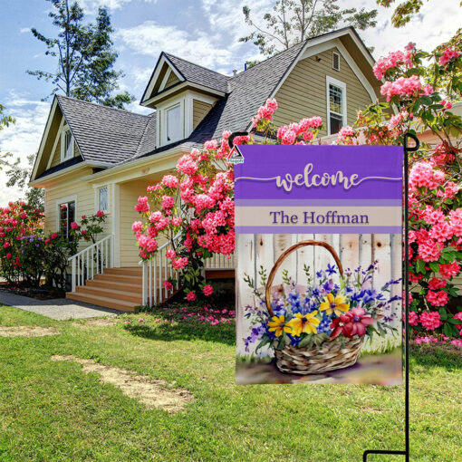 Welcome Flower Basket Garden Flag, Personalized Garden Flag, Custom Family Name Spring Home Decor