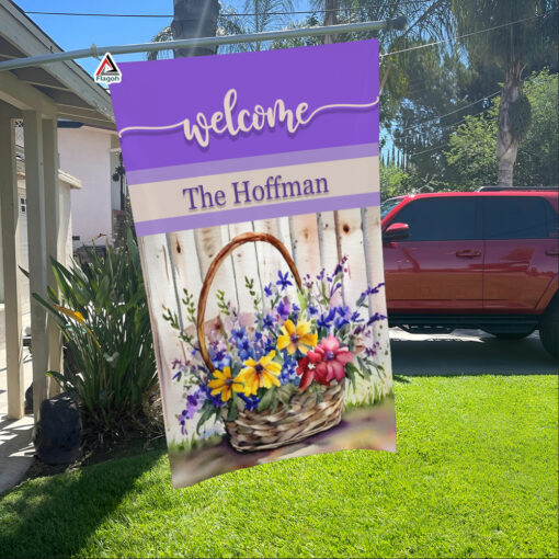 Welcome Flower Basket Garden Flag, Personalized Garden Flag, Custom Family Name Spring Home Decor