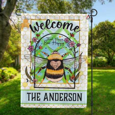 Sunflowers And Bumble Bee Flag, Custom Family Name Bee Happy Garden Flag