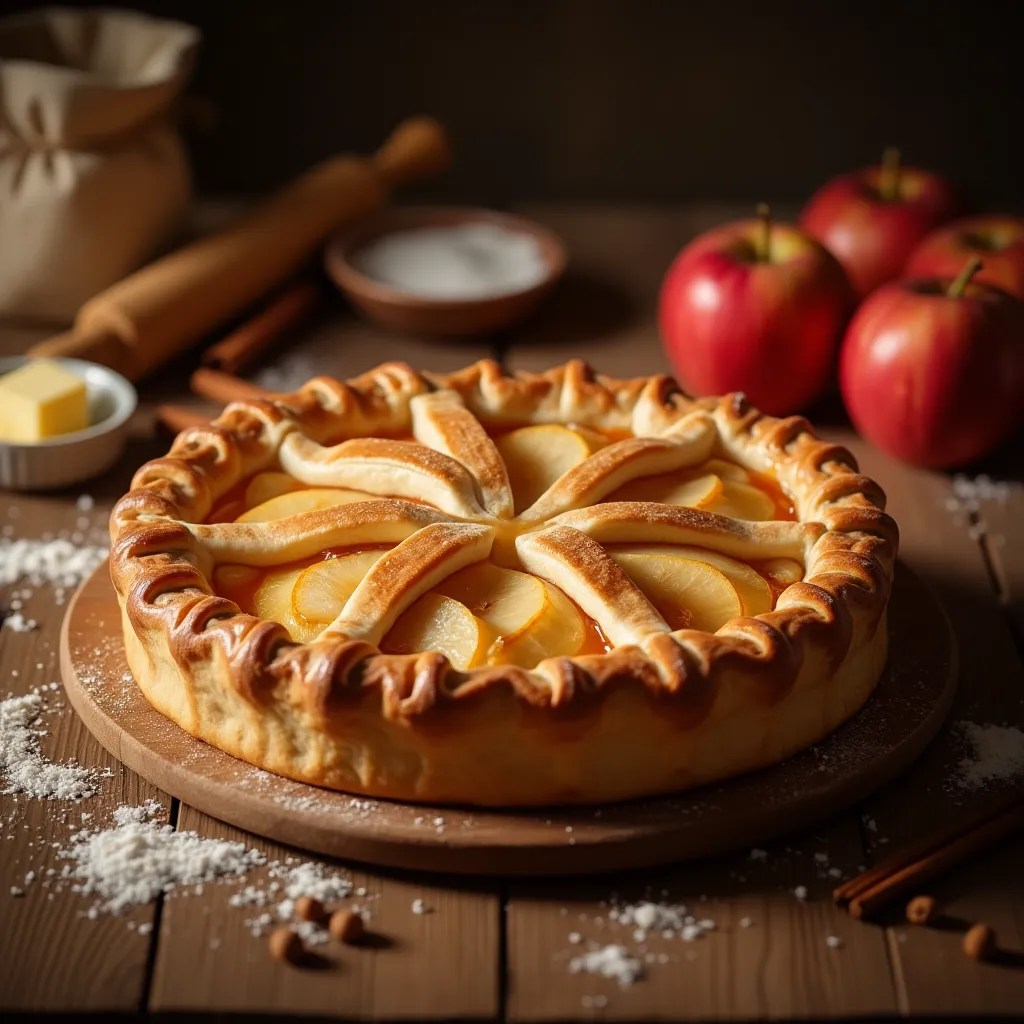Golden brown homemade apple pie with lattice crust on wooden table, surrounded by fresh apples and baking ingredients