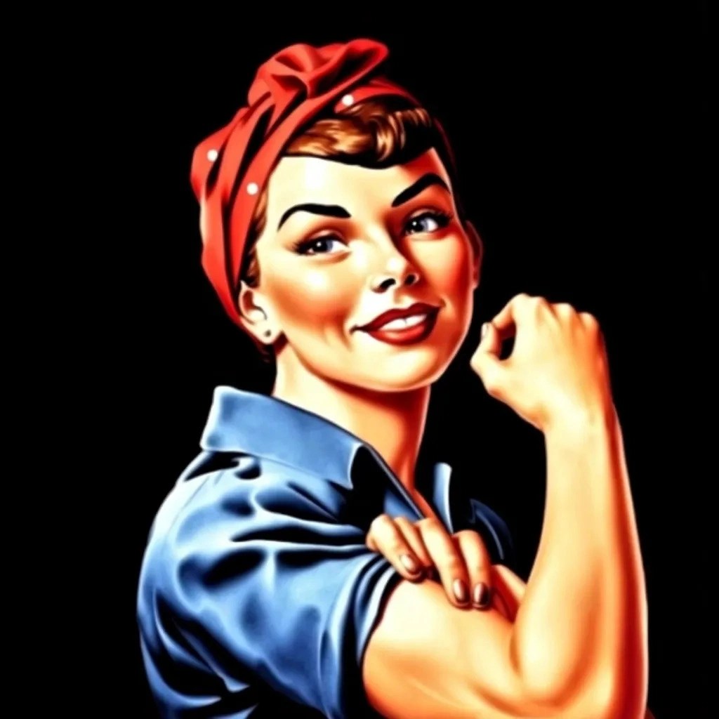 A stylized digital illustration of a woman wearing a blue work shirt and a red polka-dotted headscarf, flexing her right arm in a classic pose of strength and determination. Her expression is confident and resolute, symbolizing women’s empowerment and their vital role in the workforce during World War II. The image pays tribute to the iconic Rosie the Riveter figure, blending historical significance with modern artistic flair.