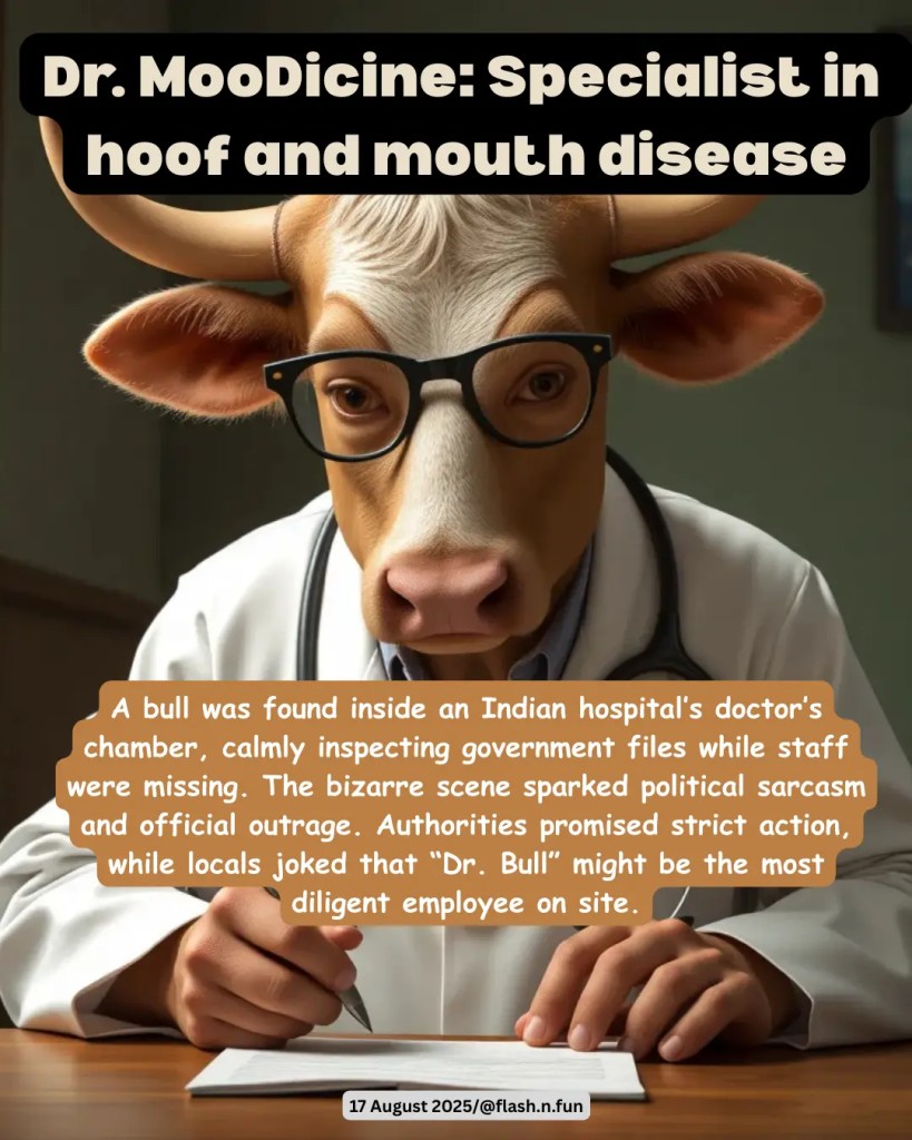 A bull was found in a hospital's doctor's chamber, head buried in paperwork. Locals joked that "Dr. Bull" was handling OPD duties, but officials were unamused, but social media was amusing.#hospitalhumor, #indianbull, #funnyanimalstories, #doctorbull, #upnews, #ruralindia, #animalmemes, #bullinclinic, #funnyindiannews, #desihumor, #viralindia, #cowcomedy, #indianvillagelife, #unexpectedvisitors, #funnydoctorstories, #bullmemes, #indianhospital, #animalantics, #desifunnies, #funnyencountersindia, #indianviralnews, #cowculture, #bullbanter, #funnyclinicmoments, #opdcomedy