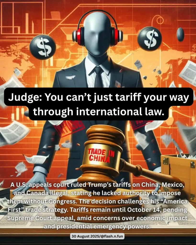 Digital illustration of a humanoid AI judge in a suit and red tie, wearing headphones, standing behind a desk with a gavel labeled “TRADE IN CHINA” and legal documents. The background features international flags and symbols of global trade. Text overlay highlights a U.S. appeals court ruling against Trump’s tariffs on China, Mexico, and Canada, citing lack of congressional authority. Dated August 30, 2025, from flash.n.fun.#tradeinchina, #usappealscourt, #trumptariffs, #executivepower, #internationallaw, #economicpolicy, #globaltrade, #presidentialauthority, #tariffdispute, #legalruling, #supremecourtappeal, #americafirst, #geopolitics, #judicialoversight, #tradejustice, #policydebate, #metaljudge, #aicommentary, #satiricalillustration, #flashnfun, #politicalart, #economicimpact, #globalrelations, #legalcartoon, #diasporavoice