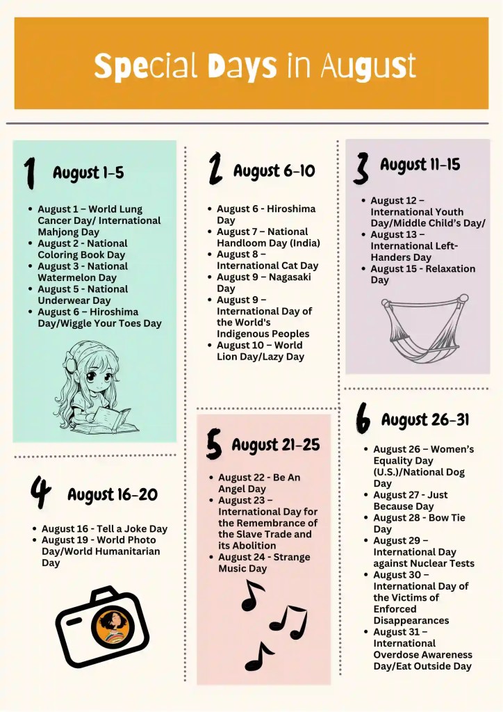 August bursts with vibrant observances—from playful tributes like Coloring Book Day and Watermelon Day to solemn remembrances like Hiroshima Day and Indian Independence Day (15th). It’s a month of cultural pride, global awareness, and quirky celebrations. Enjoy the month!#augustdays, #specialdaysinaugust, #augustcalendar, #funobservances, #quirkycelebrations, #globalawareness, #augustvibes, #monthofmeaning, #celebrateaugust, #augustfestivities, #augusttrivia, #augustmoments, #augusthighlights, #augustheritage, #augustevents, #augustfunfacts, #augustculture, #augustremembrance, #augustjoy, #augustreflections, #augusttraditions, #augustthemes, #augustobservances, #augusttimeline, #augustsnapshot