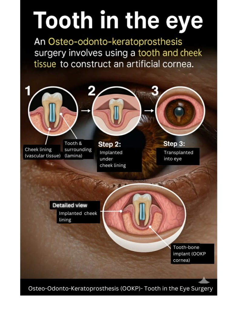 Osteo-Odonto-Keratoprosthesis (OOKP) is a rare and highly complex eye surgery where a tooth is used to restore sight.#toothintheeye, #ookp, #medicalinnovation, #visionrestoration, #cornealsurgery, #rareprocedure, #biotechart, #ocularsurgery, #sightmatters, #editorialexplainer