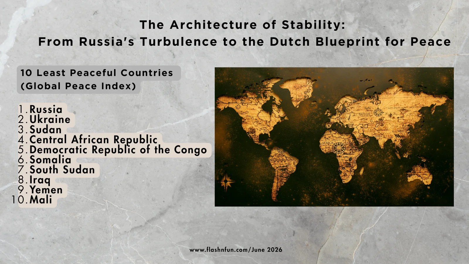 Infographic titled "The Architecture of Stability: From Russia's Turbulence to the Dutch Blueprint for Peace" featuring the 10 least peaceful countries according to the Global Peace Index alongside a vintage world map and peace symbols.