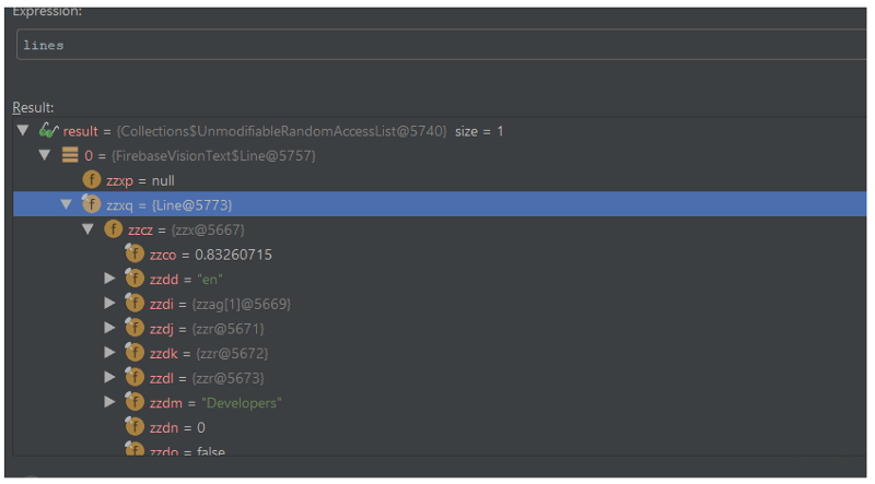 "List<FirebaseVisionText.Line