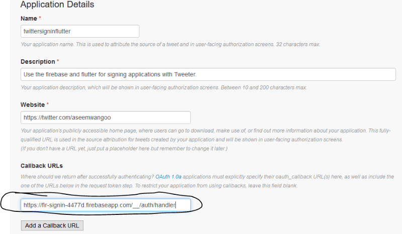 Twitter application details…