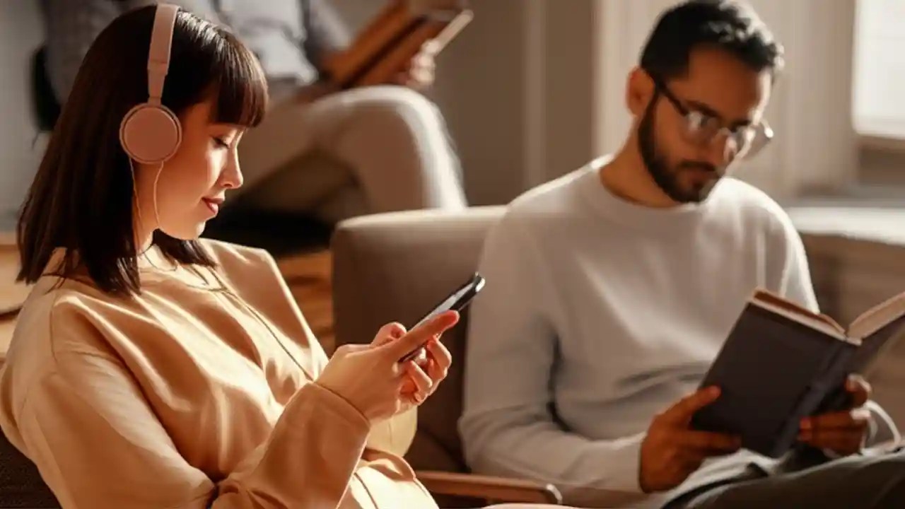 A diverse group of people reading in 2026, one with a physical book, one with an e-reader, and one listening to an audiobook.