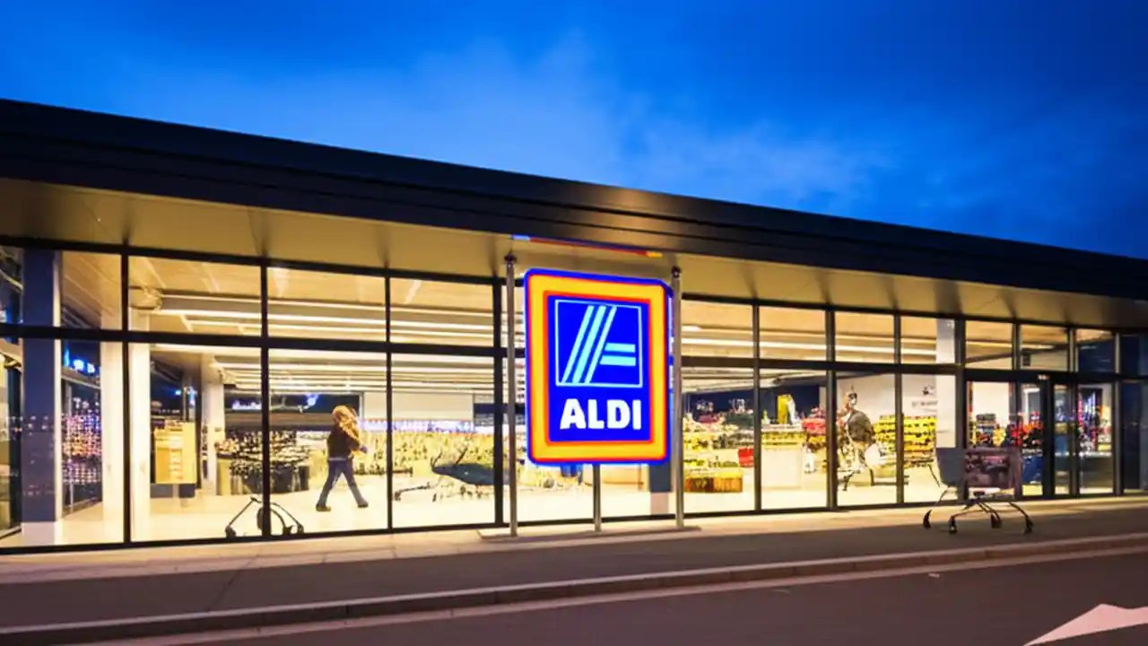 Exterior view of a modern Aldi supermarket at twilight, with interior lights on, showcasing the store's closing hours.
