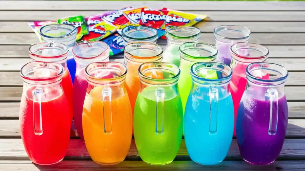 A collection of glass pitchers filled with various Kool-Aid flavors, including red, blue, green, and orange, arranged in a colorful display.