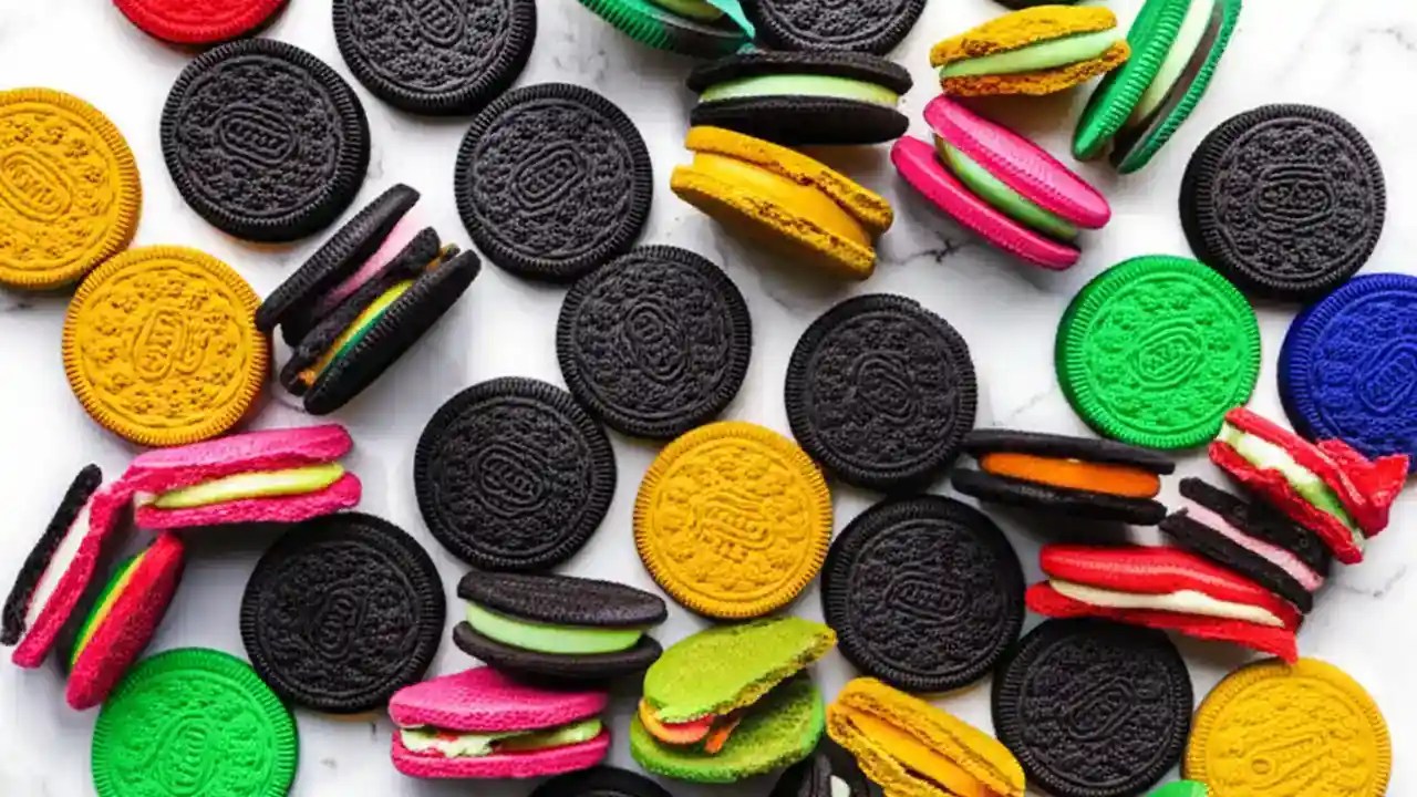 A flat lay photograph showing a wide variety of Oreo cookie flavors, including classic, golden, and colorful limited edition cremes.
