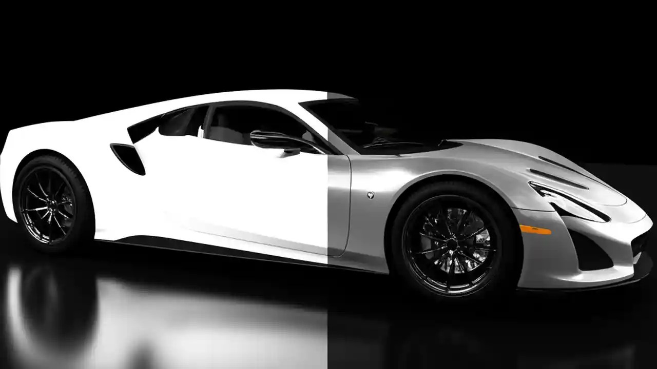 A split image of a white sports car showing the difference between gloss black alloys on the left and satin gunmetal alloys on the right.