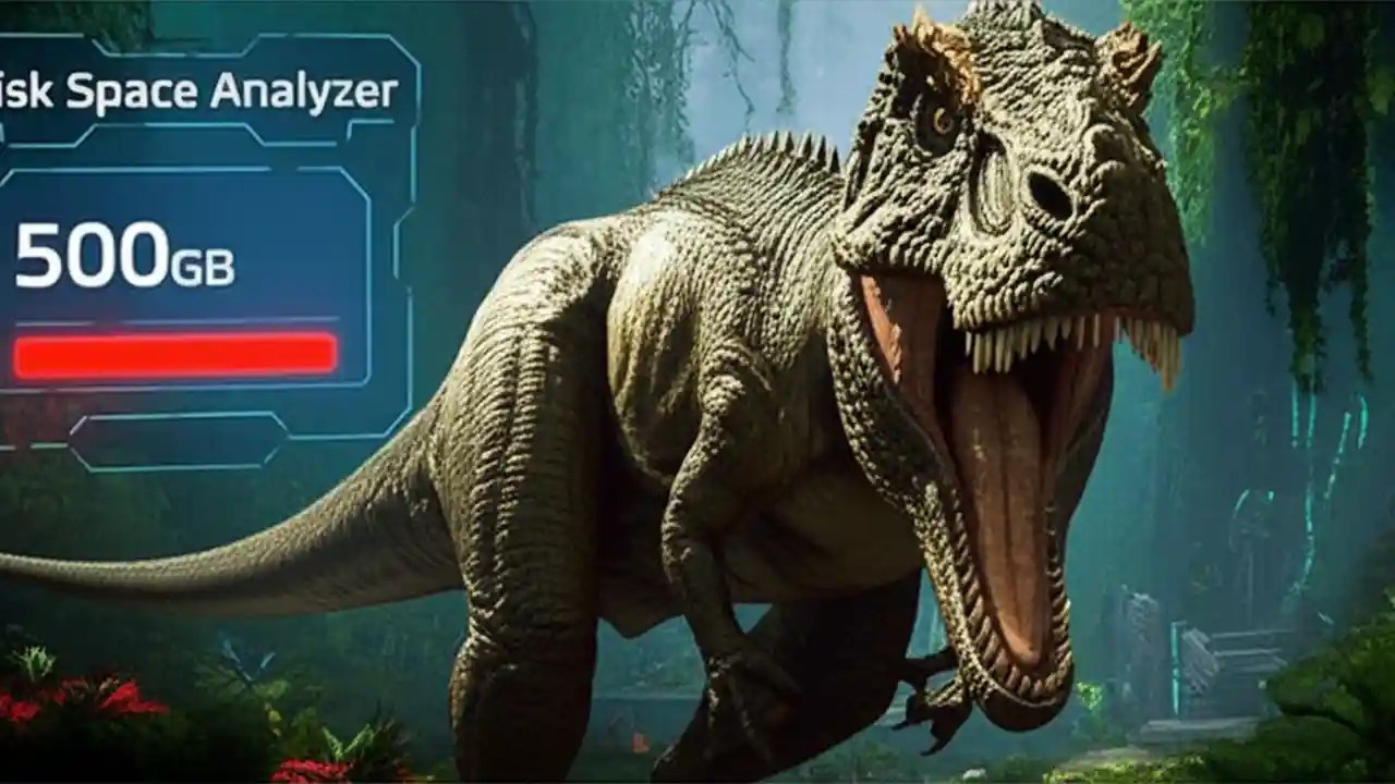 A Giganotosaurus from ARK roars in front of a jungle, with a holographic display in the corner showing the game's massive disk space requirement of 500GB.