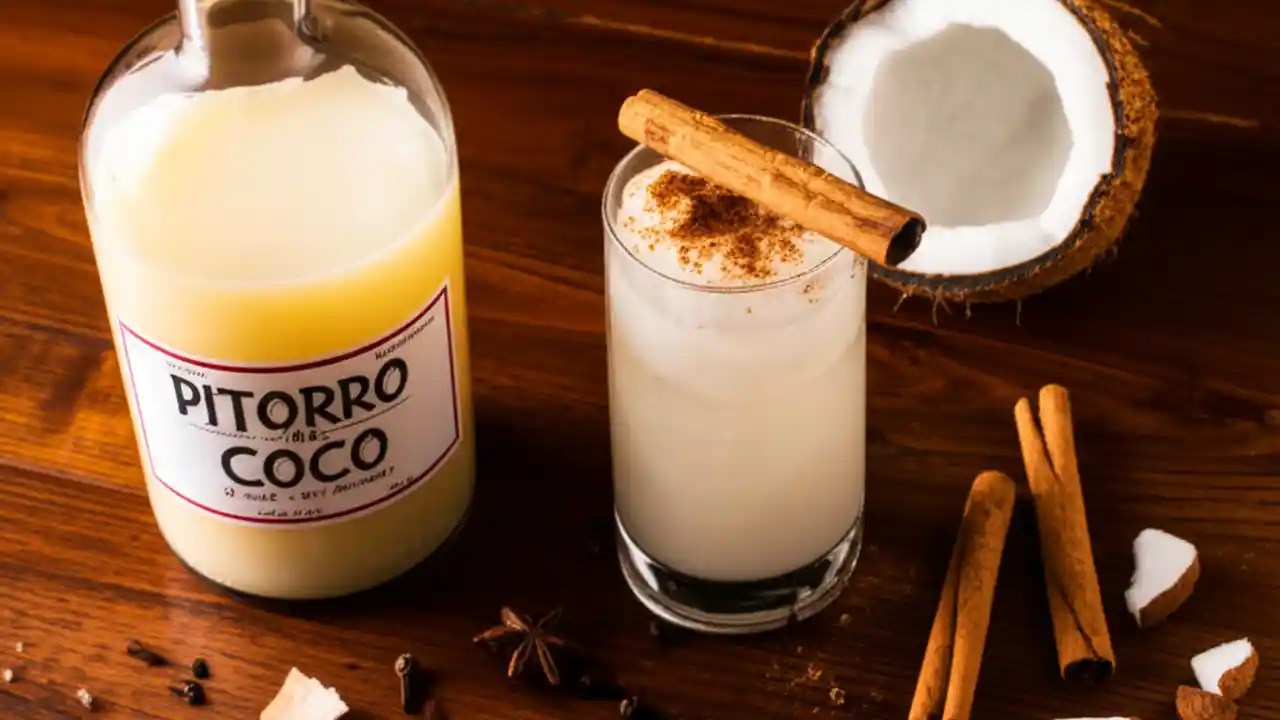 A bottle of homemade Pitorro de Coco on a wooden table, surrounded by a fresh coconut and whole spices used in the recipe.