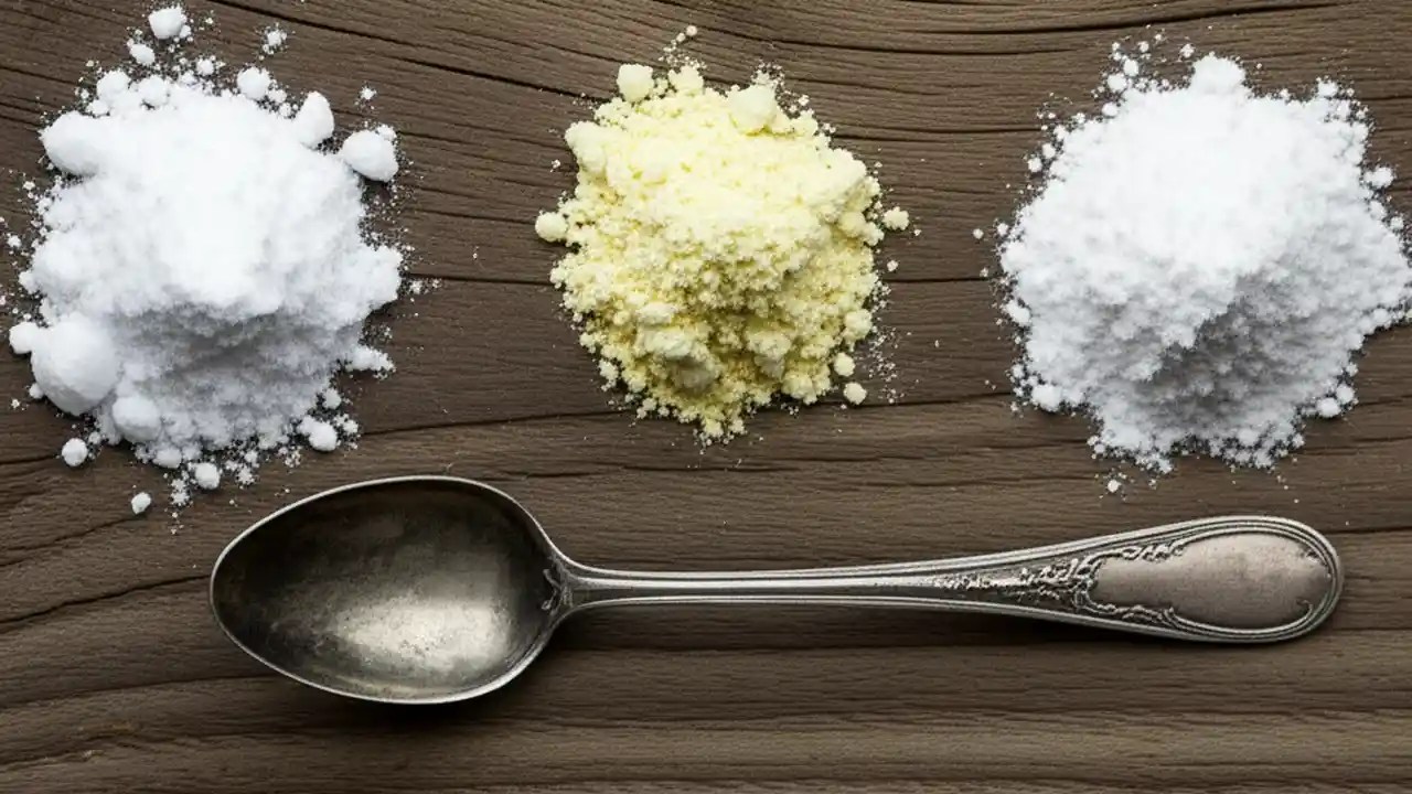 Three white bowls on a wooden table containing the main ingredients of baking powder: sodium bicarbonate, an acid like cream of tartar, and cornstarch.
