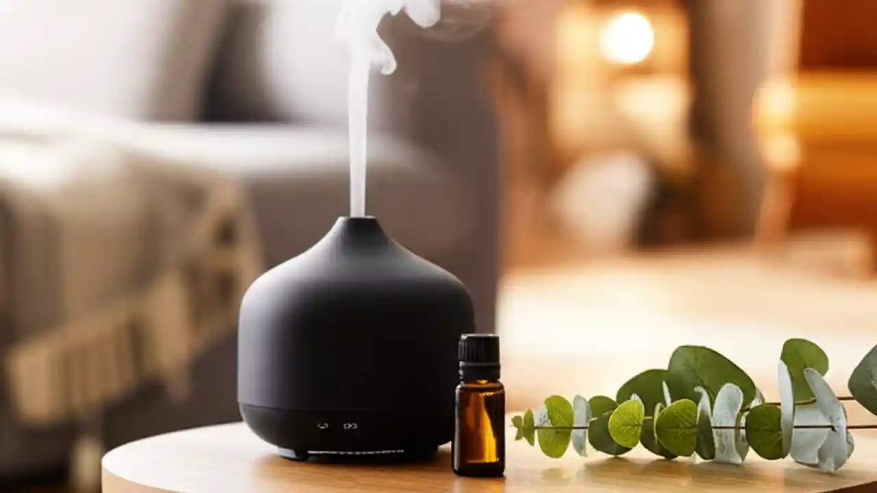 A black ceramic ultrasonic aroma diffuser, selected as one of the best of 2026, emitting a stream of mist in a calming home setting.