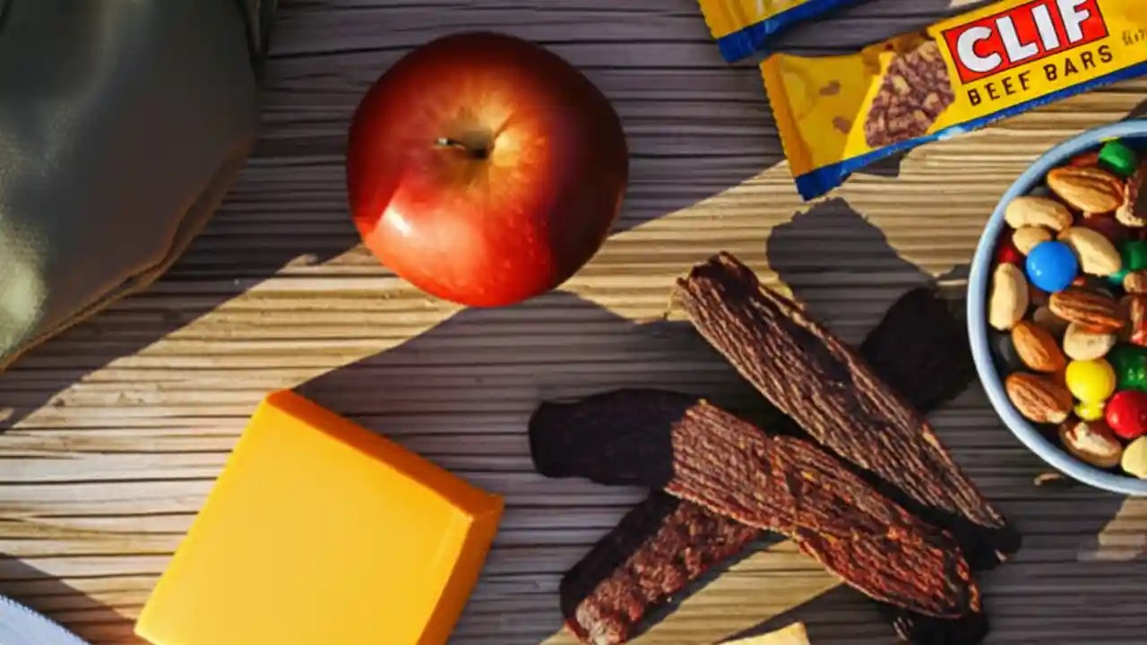 A top-down view of ideal camping snacks, including trail mix, energy bars, jerky, and an apple, arranged on a rustic picnic table.