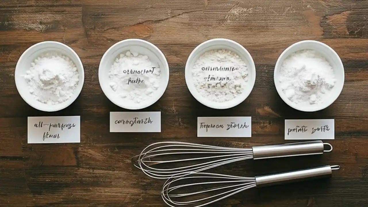 A top-down view of several bowls containing cornstarch and its best substitutes, including all-purpose flour, arrowroot, and potato starch.